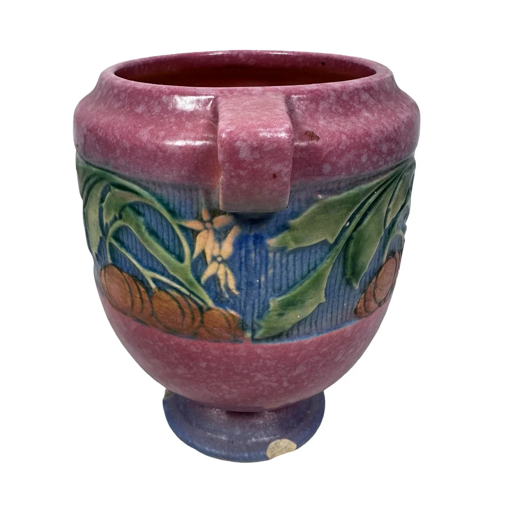 Vintage‎ Roseville Baneda Art Pottery Vase Pink Blue Floral Handles 606-7 READ